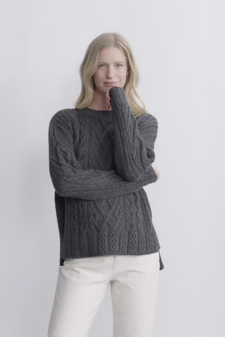 Tully Box Supersoft Merino Aran Sweater - Slate Grey
