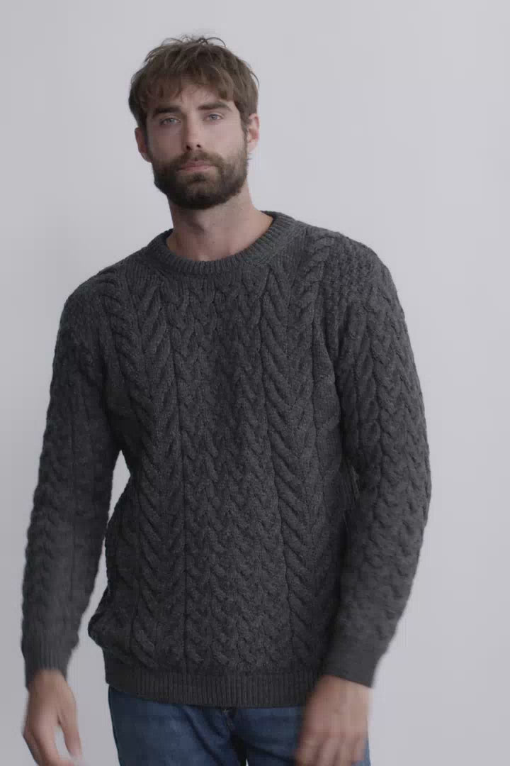 Omey Mens Aran Crew Neck Sweater - Charcoal