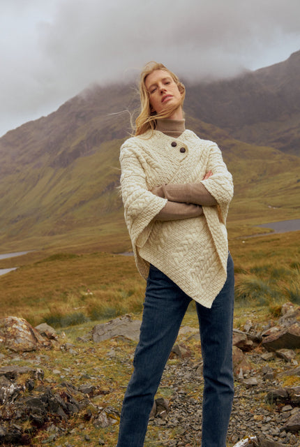 Merino wool poncho, aran poncho, wool poncho, Ireland, knitwear, made in Ireland, wrap, buttoned poncho, cream