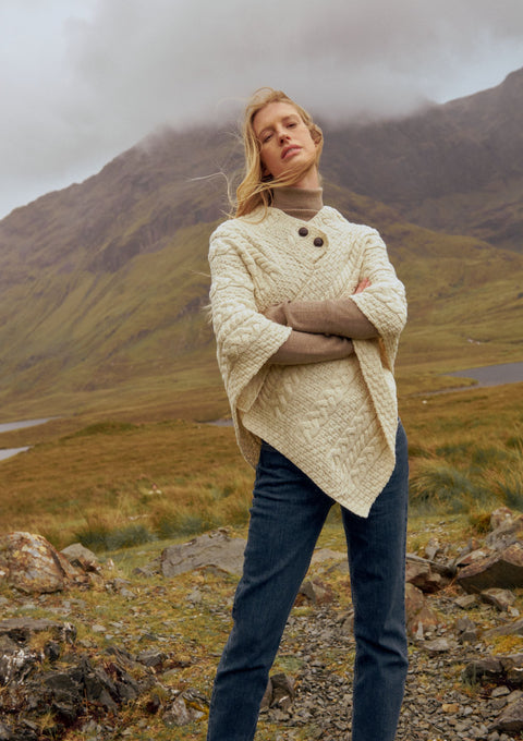 Merino wool poncho, aran poncho, wool poncho, Ireland, knitwear, made in Ireland, wrap, buttoned poncho, cream