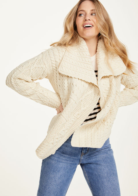 sweater, merino wool, woollen jumper, cardigan, buttoned cardigan, aran, knitwear, Ireland, women's cardigan,cream