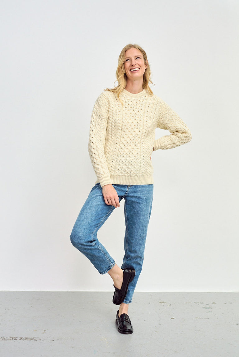 Inisheer Ladies Traditional Aran Sweater - Flecked Cream