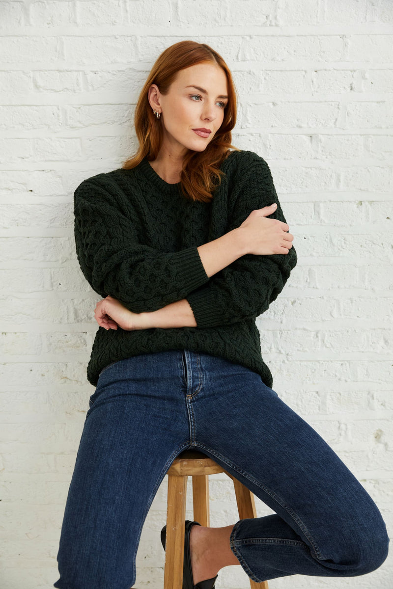 womens sweater, merino wool, made in Ireland, knitwear, unisex, crew neck sweater,aran sweater, green