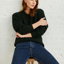 Pull traditionnel mérinos Aran pour femme Inisheer - Vert forêt
