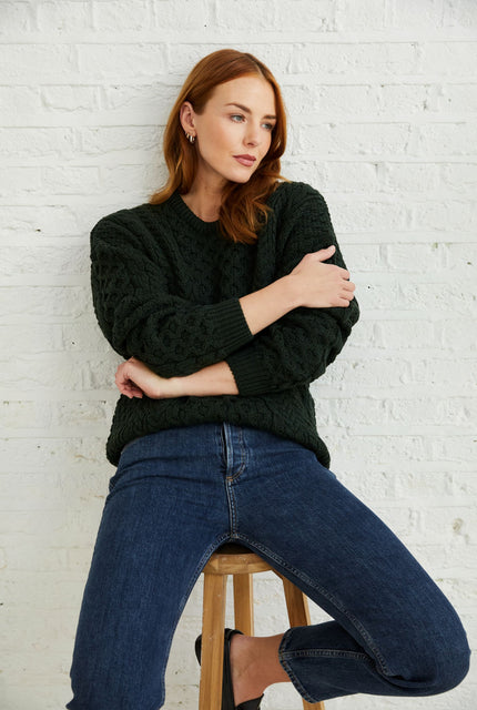 womens sweater, merino wool, made in Ireland, knitwear, unisex, crew neck sweater,aran sweater, green