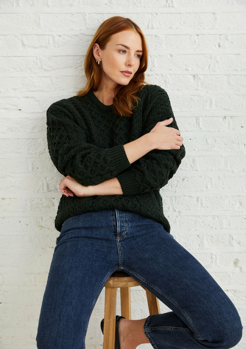 womens sweater, merino wool, made in Ireland, knitwear, unisex, crew neck sweater,aran sweater, green