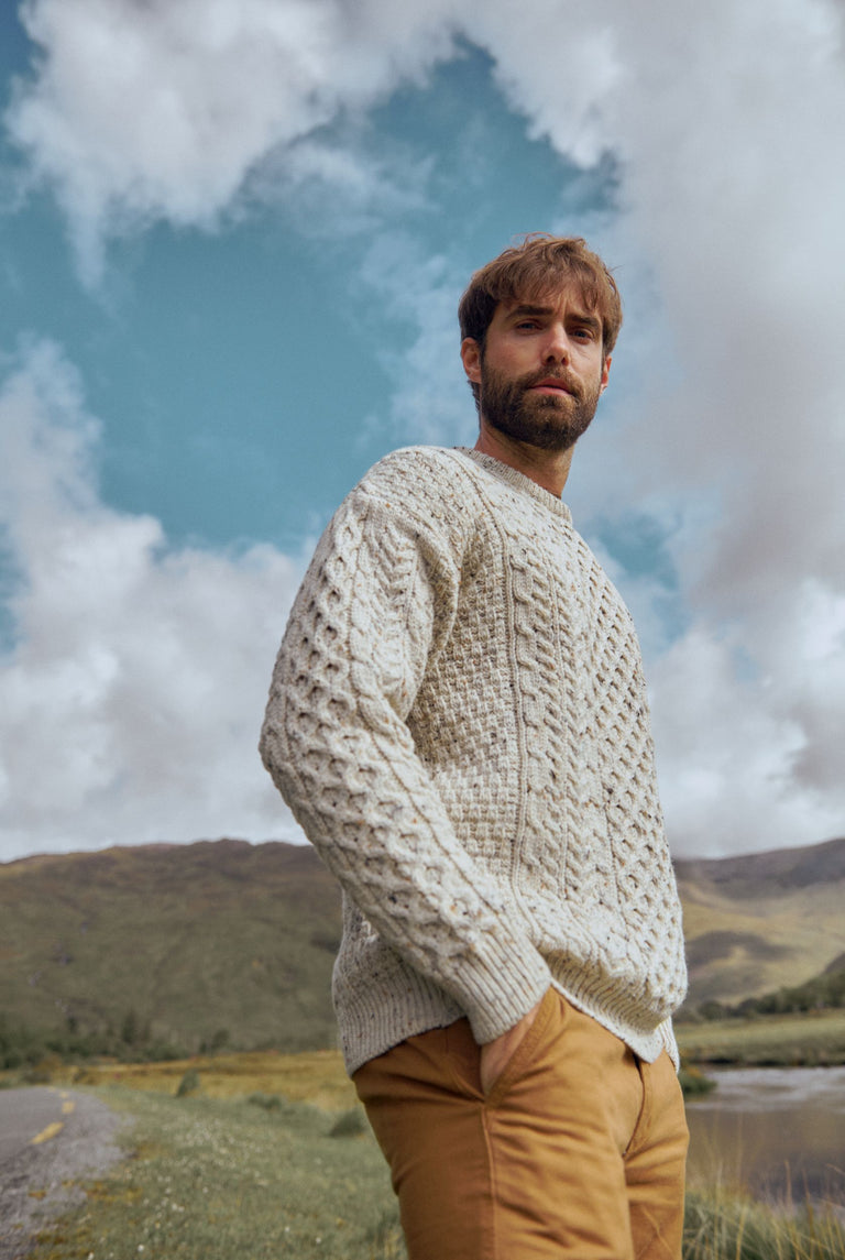 Inisheer Traditional Mens Aran Sweater - Flecked Cream