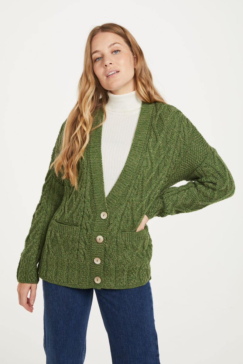 Merino wool, wool cardigan, cardigan for women, made in Ireland, buttoned sweater,aran sweater, knitwear, green