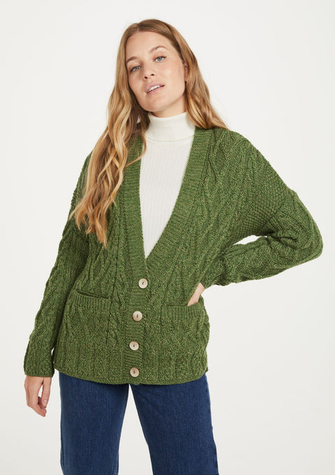 Merino wool, wool cardigan, cardigan for women, made in Ireland, buttoned sweater,aran sweater, knitwear, green