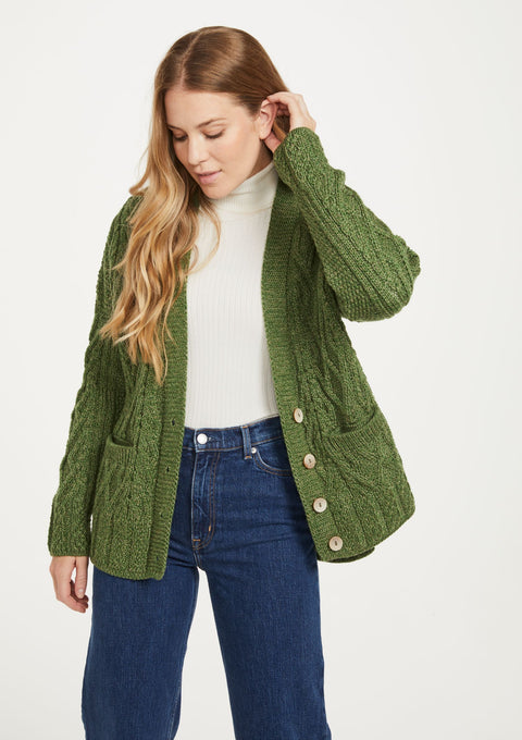 Merino wool, wool cardigan, cardigan for women, made in Ireland, buttoned sweater,aran sweater, knitwear, green