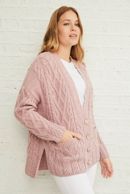 Merino wool, wool cardigan, cardigan for women, made in Ireland, buttoned sweater,aran sweater, knitwear, pink