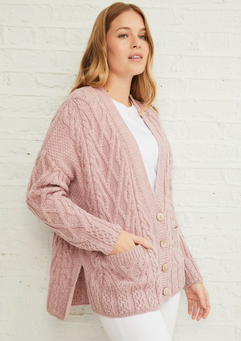 Merino wool, wool cardigan, cardigan for women, made in Ireland, buttoned sweater,aran sweater, knitwear, pink