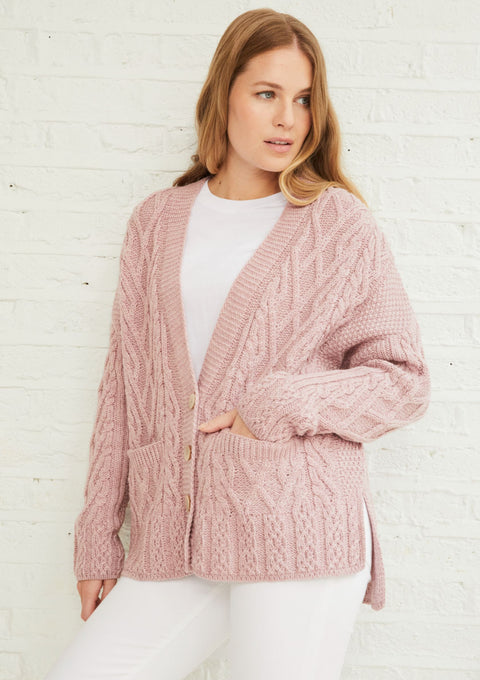 Merino wool, wool cardigan, cardigan for women, made in Ireland, buttoned sweater,aran sweater, knitwear, pink