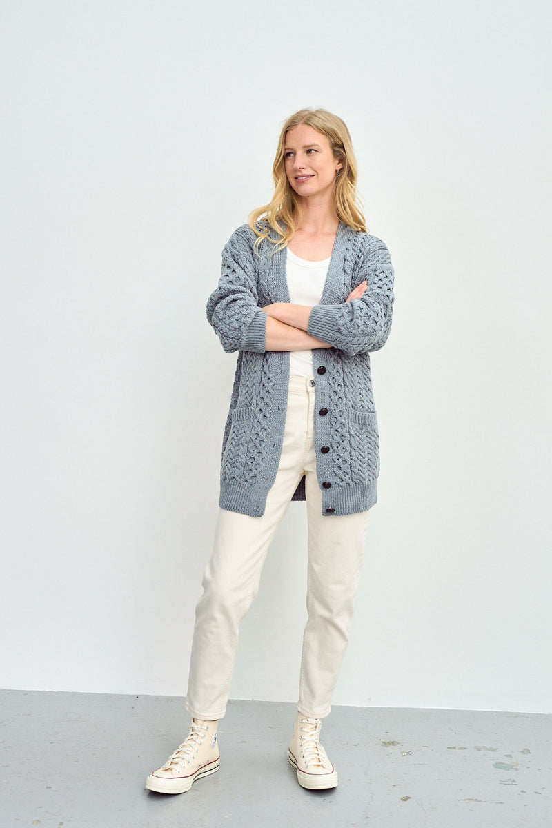 Merino wool, ladies cardigan, knitwear, made in Ireland, wool, Ireland, boyfriend, Buttoned cardigan, aran, cable knit, blue grey