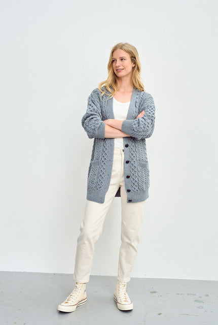 Merino wool, ladies cardigan, knitwear, made in Ireland, wool, Ireland, boyfriend, Buttoned cardigan, aran, cable knit, blue grey