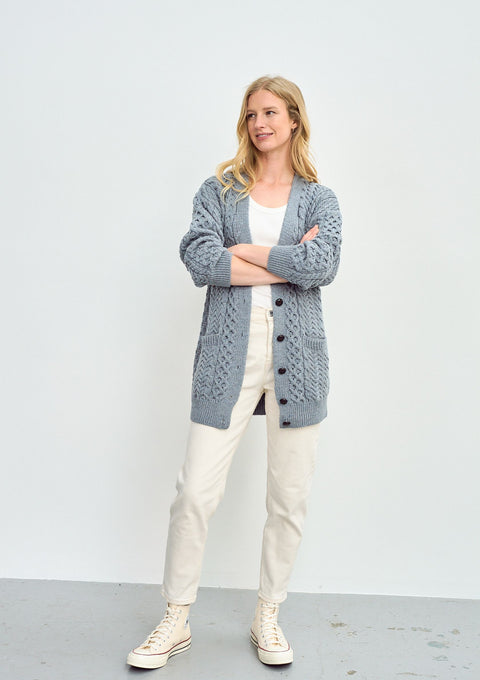 Merino wool, ladies cardigan, knitwear, made in Ireland, wool, Ireland, boyfriend, Buttoned cardigan, aran, cable knit, blue grey