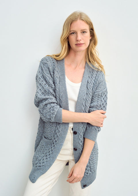 Merino wool, ladies cardigan, knitwear, made in Ireland, wool, Ireland, boyfriend, Buttoned cardigan, aran, cable knit, blue grey