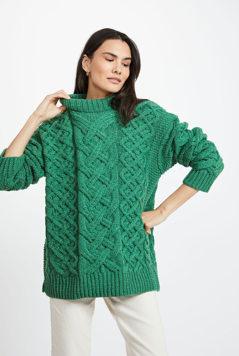 Dingle Ladies Aran Trellis Sweater - Green