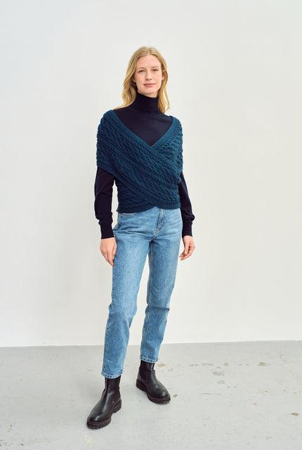 Merino wool wrap, aran wool, aran knit, wool, made in Ireland, knitwear,blue,wrap, vest
