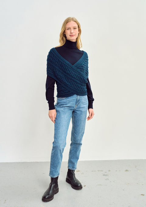 Merino wool wrap, aran wool, aran knit, wool, made in Ireland, knitwear,blue,wrap, vest