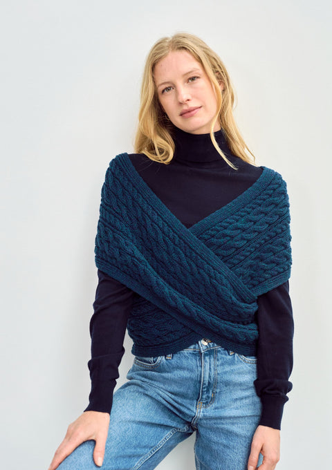 Merino wool wrap, aran wool, aran knit, wool, made in Ireland, knitwear,blue,wrap, vest
