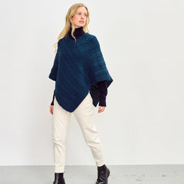 Glencar Damen Klassischer Merino Aran Poncho - Atlantik