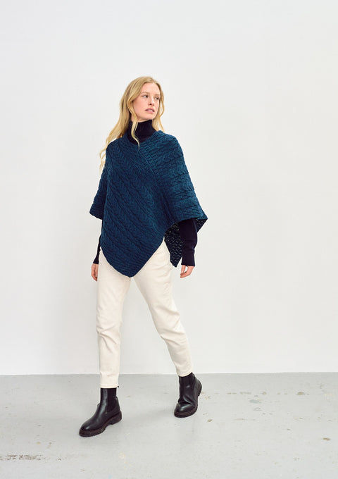 Merino wool poncho, made in Ireland, Aran, blue poncho, knitwear, wool poncho, cab, shawl,aran knit