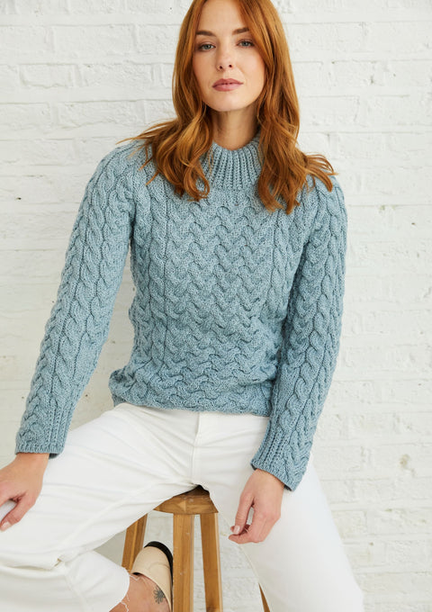 Merino wool, sweater, blue jumper, cable knit, made in Ireland, ladies sweater, knitwear, Aran wool, crew neck sweater