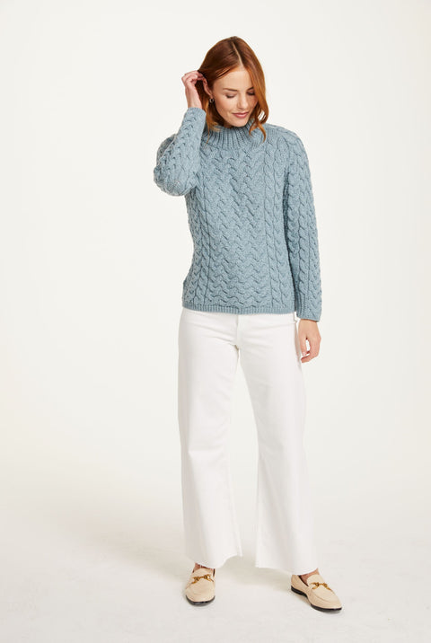 Knightstown Ladies Aran Crew Sweater - Blue