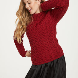 Pull col rond en laine mérinos Aran pour femme de Knightstown - Rouge