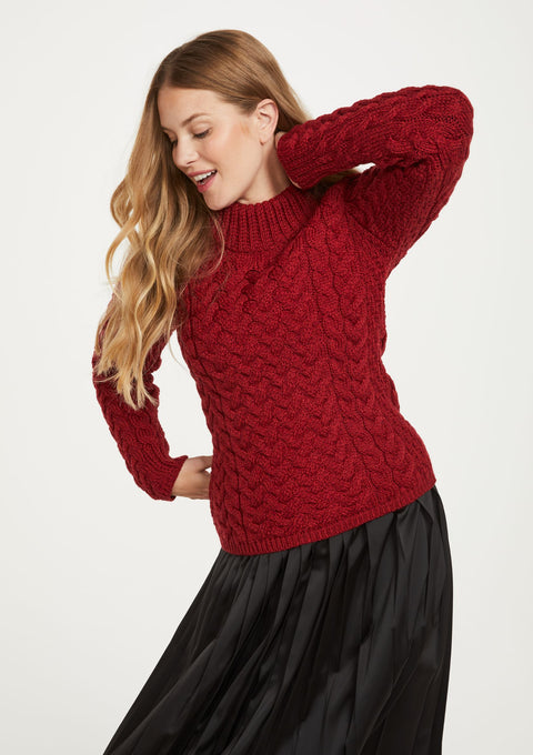 Merino wool, sweater, red jumper, cable knit, made in Ireland, ladies sweater, knitwear, Aran wool, crew neck sweater