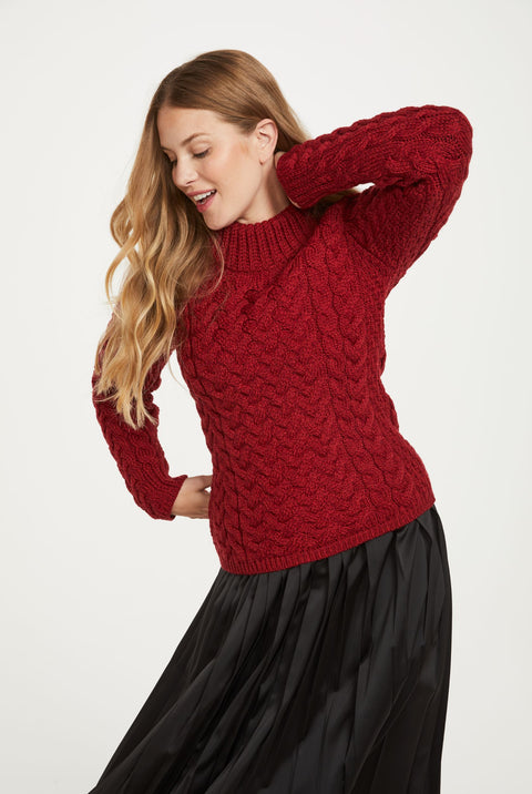 Knightstown Ladies Aran Crew Sweater - Red