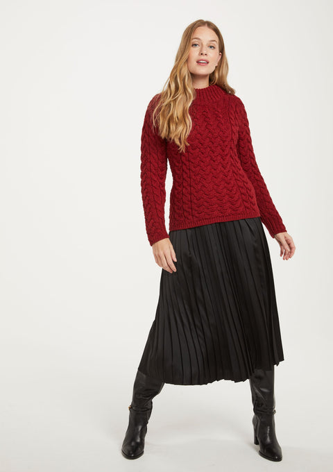 Merino wool, sweater, red jumper, cable knit, made in Ireland, ladies sweater, knitwear, Aran wool, crew neck sweater
