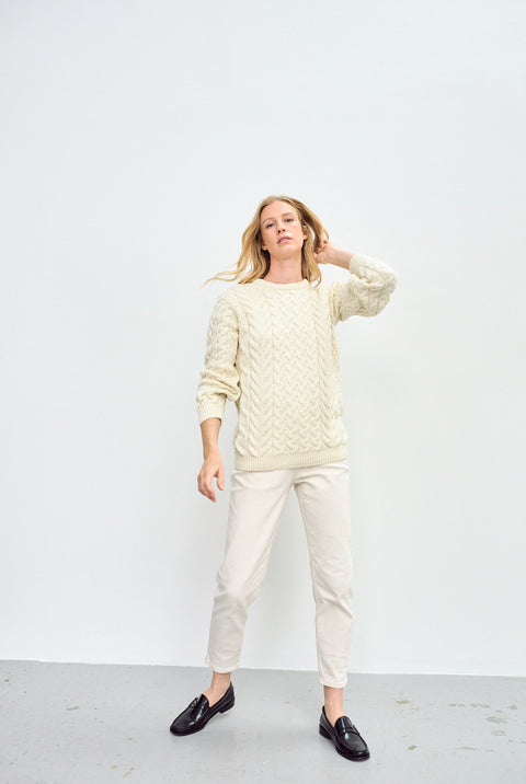 Omey Ladies Aran Crew Neck Sweater -  Cream