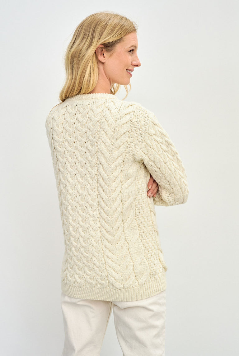 Omey Ladies Aran Crew Neck Sweater - Cream