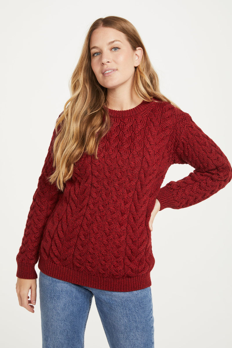 Merino wool, sweater, Unisex, wool jumper, made in Ireland, knitwear, crew neck sweater,aran sweater, red ,womens jumper