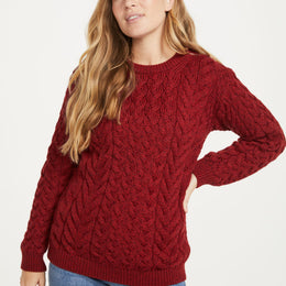 Omey Damen Aran Pullover mit Rundhalsausschnitt - Rua Red