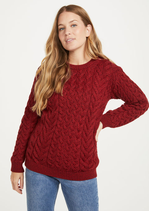 Merino wool, sweater, Unisex, wool jumper, made in Ireland, knitwear, crew neck sweater,aran sweater, red ,womens jumper