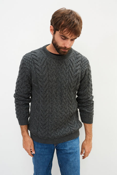 Omey Mens Aran Crew Neck Sweater - Charcoal