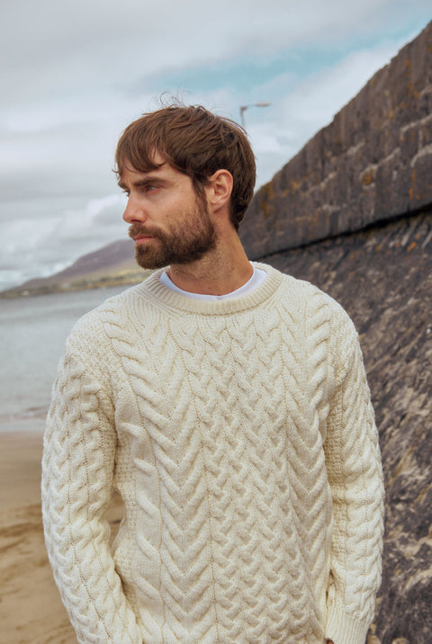 Omey Mens Aran Crew Neck Sweater -  Cream