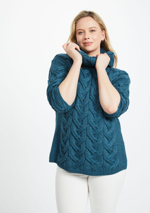 Merino wool, sweater, knitwear, made in Ireland, aran knitwear, woollen cardigan,aran, blue, ladies' sweater, Ireland, roll neck jumper