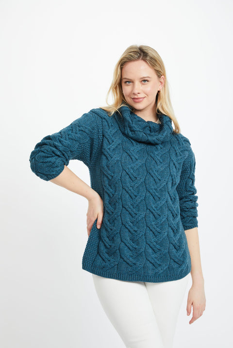 Kinsale Ladies Cable Aran Sweater -Blue