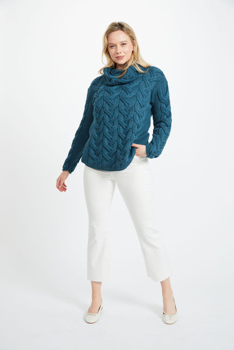 Kinsale Ladies Cable Aran Sweater -Blue