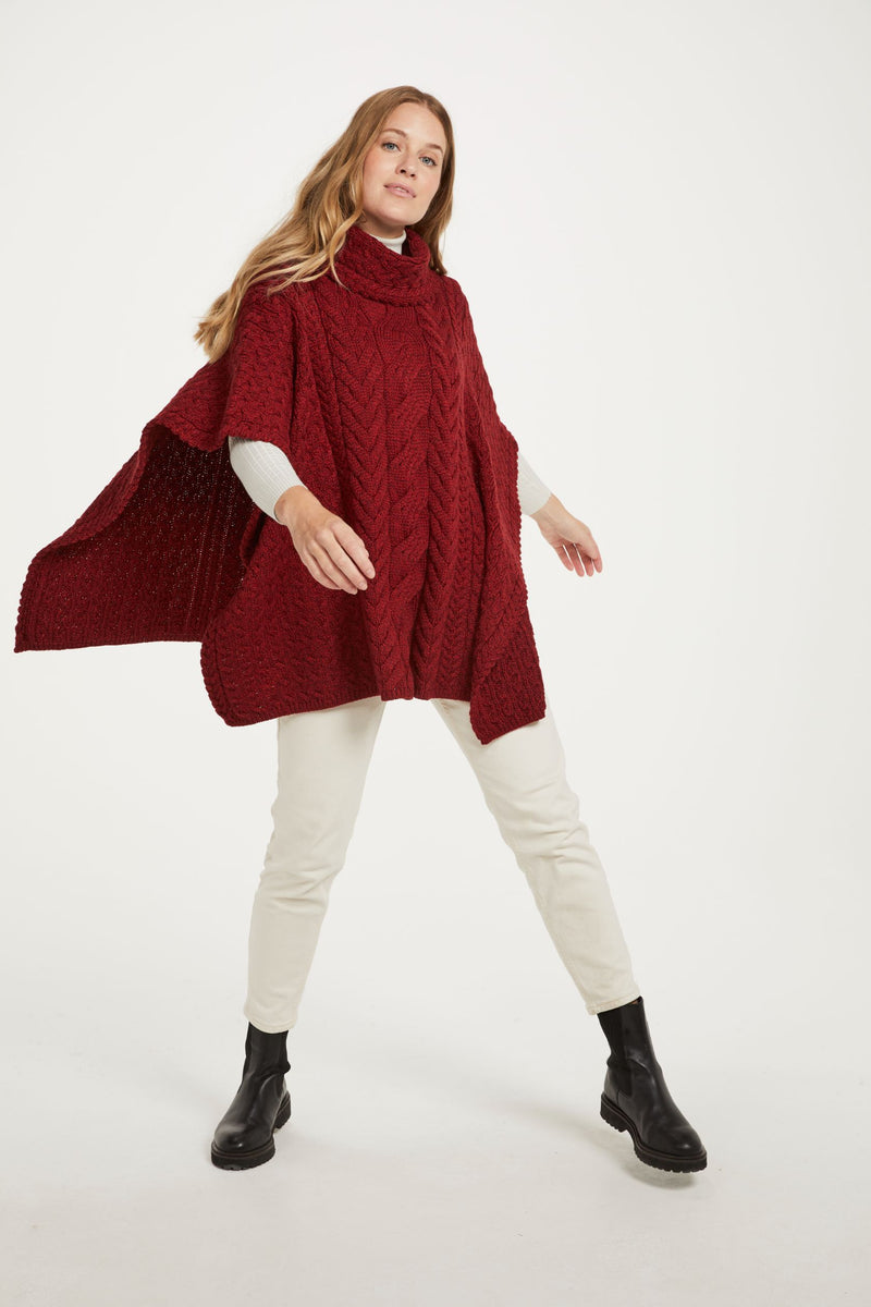 Made in Ireland, poncho, knitwear, aran, wool poncho, wrap, merino wool,red 