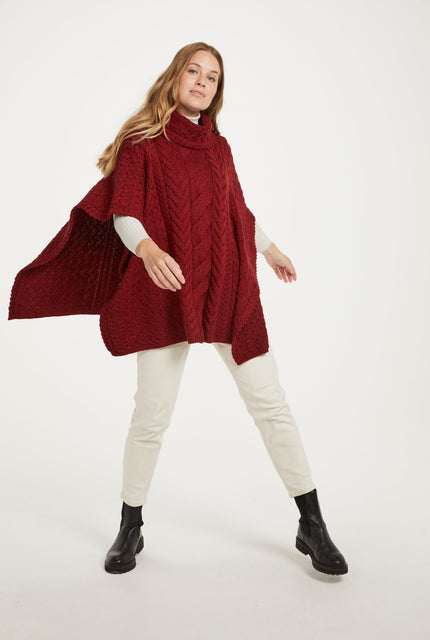 Made in Ireland, poncho, knitwear, aran, wool poncho, wrap, merino wool,red 