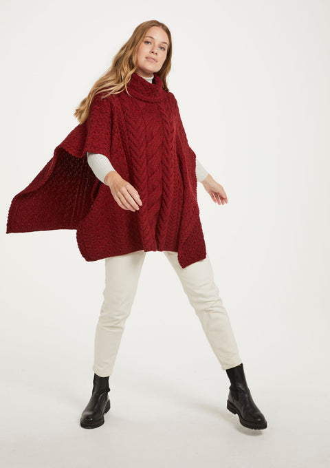 Made in Ireland, poncho, knitwear, aran, wool poncho, wrap, merino wool,red 