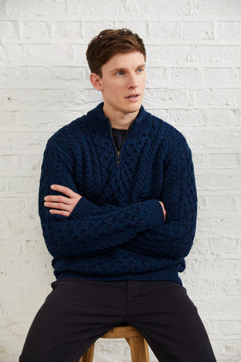 100% wool, sweater, merino wool,  knitwear, men's sweater, jumper, aran knit, men's jumper, made in Ireland, cable knit,blue