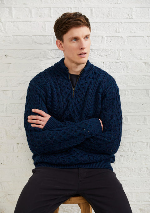 100% wool, sweater, merino wool,  knitwear, men's sweater, jumper, aran knit, men's jumper, made in Ireland, cable knit,blue