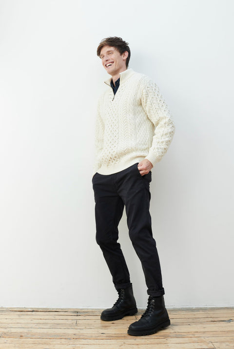 Ballycroy Mens Aran Half Zip Sweater - Cream
