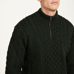 Pull demi-zippé Ballycroy en laine mérinos Aran pour homme - Vert forêt